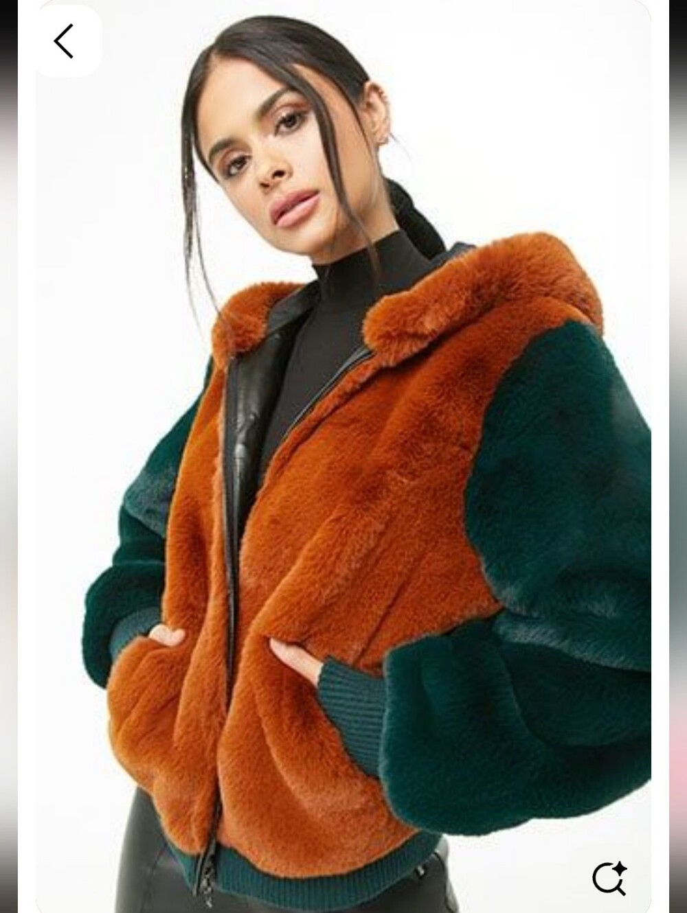 Shaci Two-Tone Faux Fur Bomber Jacket in Rust and Forest Green_S
